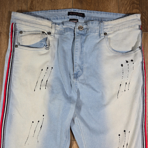 M Society Jeans 40x32 Blue Skinny Fit Distressed Paint Splatter Red Side Stripe - Picture 3 of 10